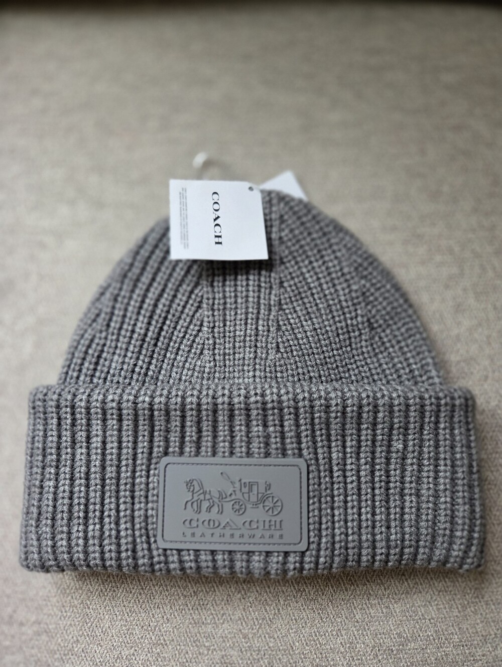 Coach Wool Gray Ribbed Cuff Logo Beanie Hat